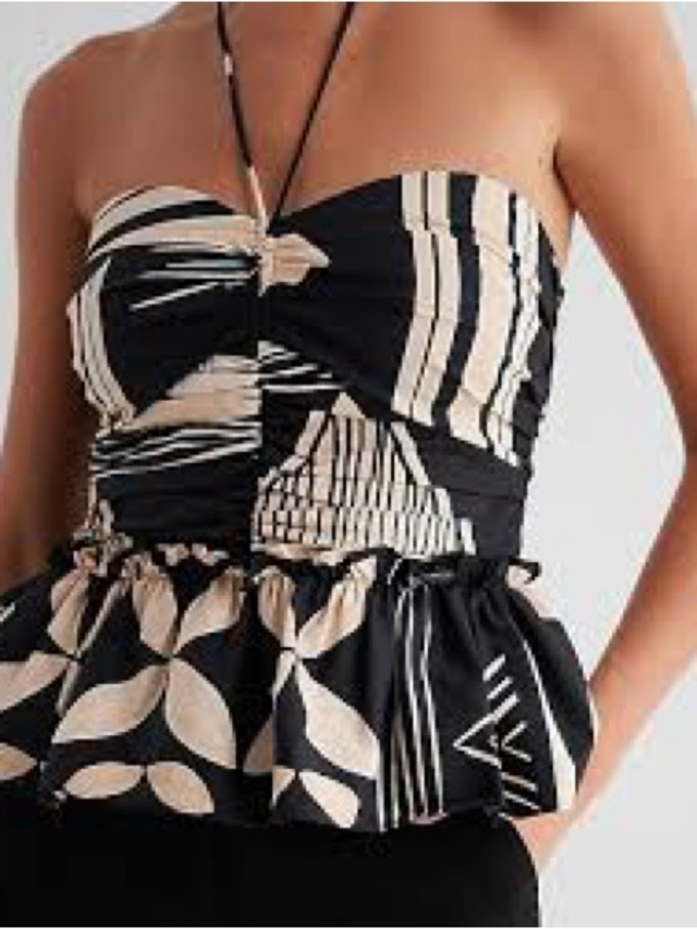 Express Sweetheart Tie Neck Peplum Top Abstract Tribal Print Ruched Back Sz M